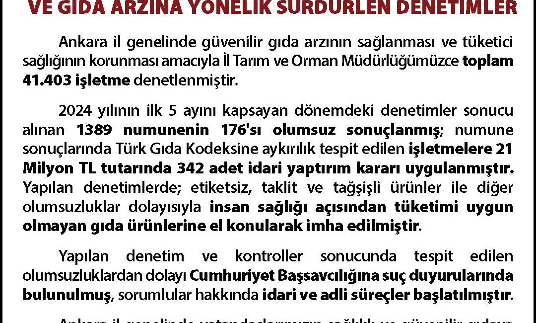 ANKARA VALİLİĞİ, BAŞKENTTE GÜVENİLİR GIDA ARZININ SAĞLANMASI AMACIYLA 2024 YILININ