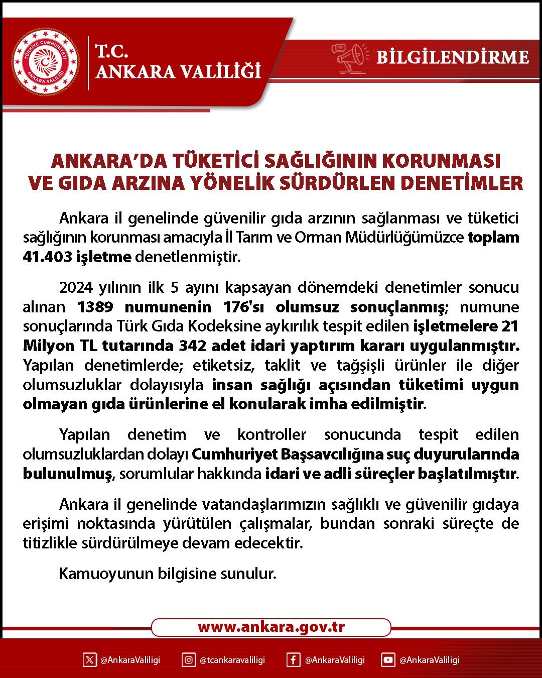 ANKARA VALİLİĞİ, BAŞKENTTE GÜVENİLİR GIDA ARZININ SAĞLANMASI AMACIYLA 2024 YILININ