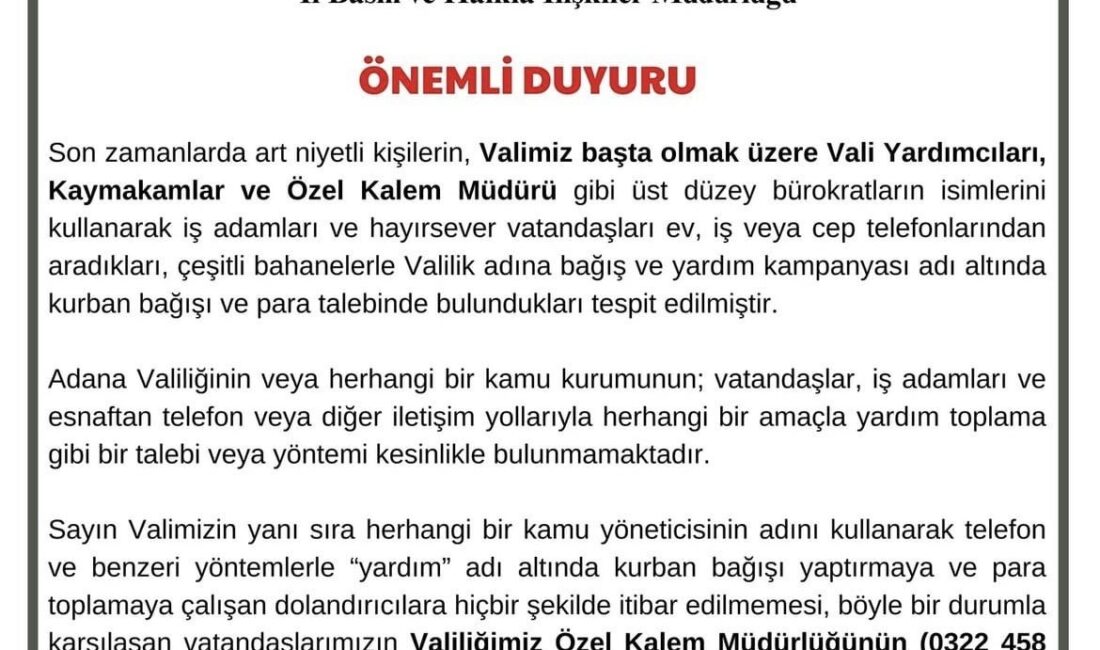 ADANA VALİLİĞİ, BAĞIŞ VE