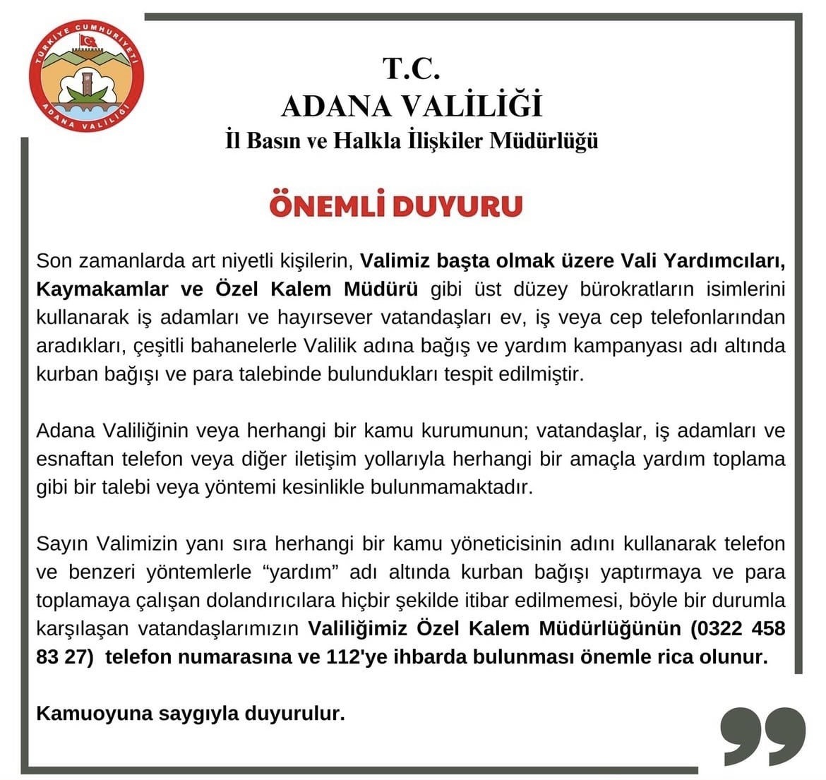 Adana Valiliği, vatandaşları bayram öncesinde dolandırıcılığa karşı uyardı