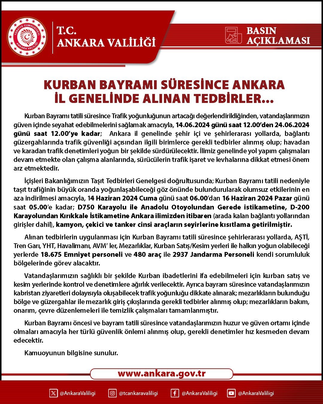 ANKARA VALİLİĞİ, KURBAN BAYRAMI TATİLİ SÜRESİNCE VATANDAŞLARIN BAYRAMI HUZUR VE