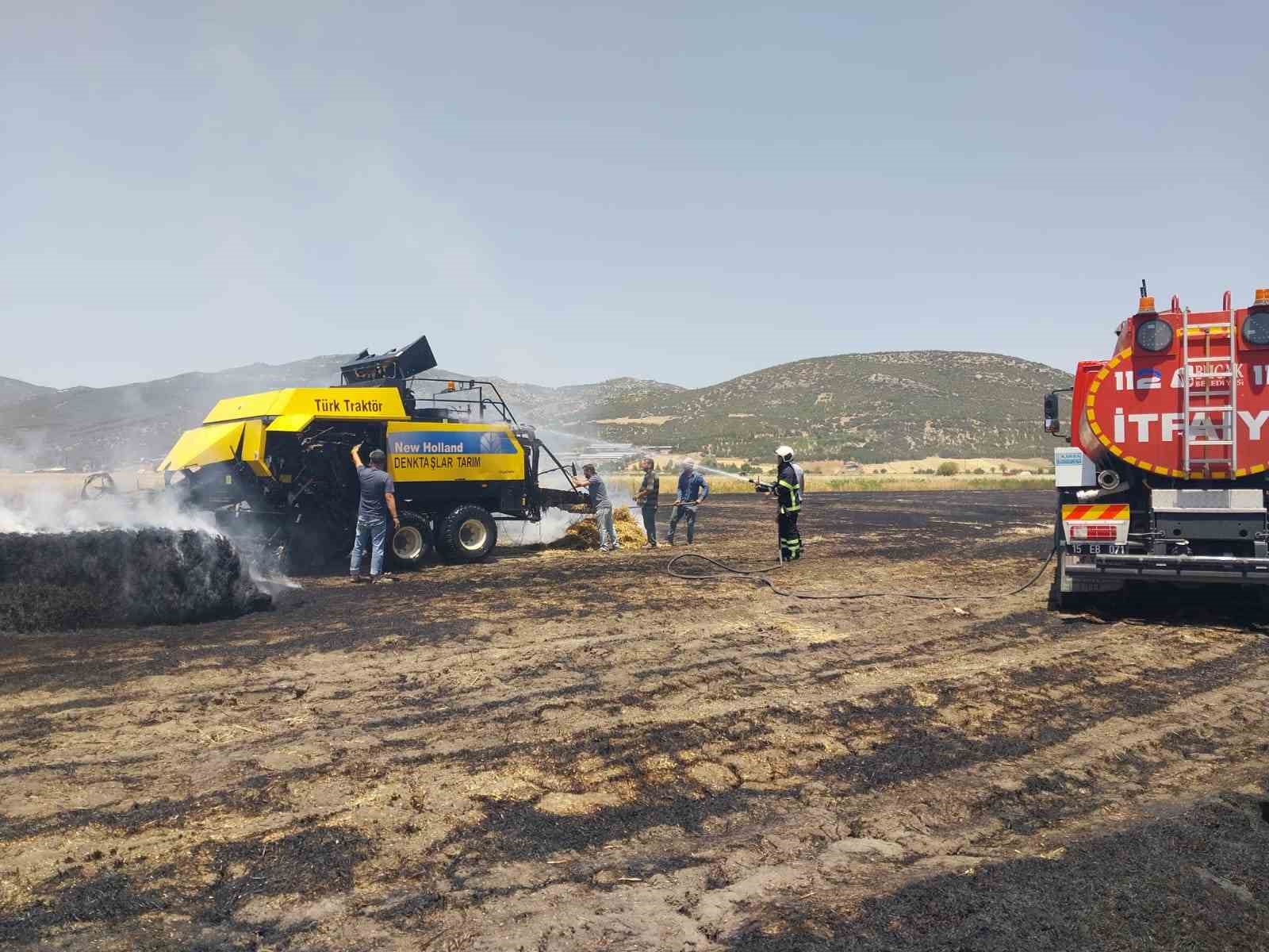 Burdur’da balya makinesinden çıkan yangında 9 dekarlık arazi kül oldu