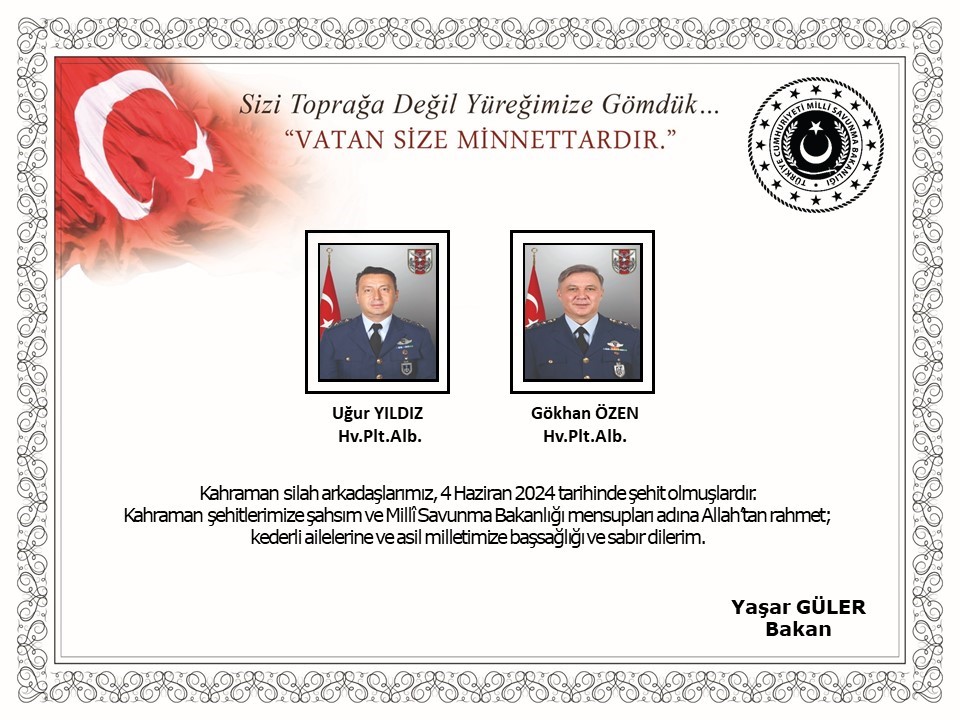 MİLLİ SAVUNMA BAKANLIĞI, KAYSERİ'DE ASKERİ EĞİTİM UÇAĞININ DÜŞMESİ SONUCU ŞEHİT