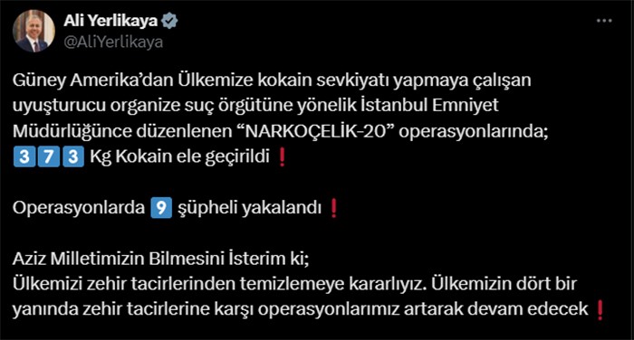 İÇİŞLERİ BAKANI ALİ YERLİKAYA, SOSYAL MEDYA HESABINDAN AÇIKLAMA YAPTI