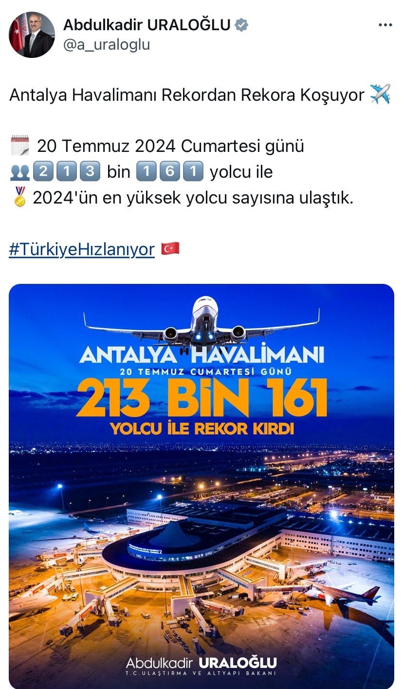 Bakan Uraloğlu Antalya Havalimanı’nın yeni rekorunu duyurdu