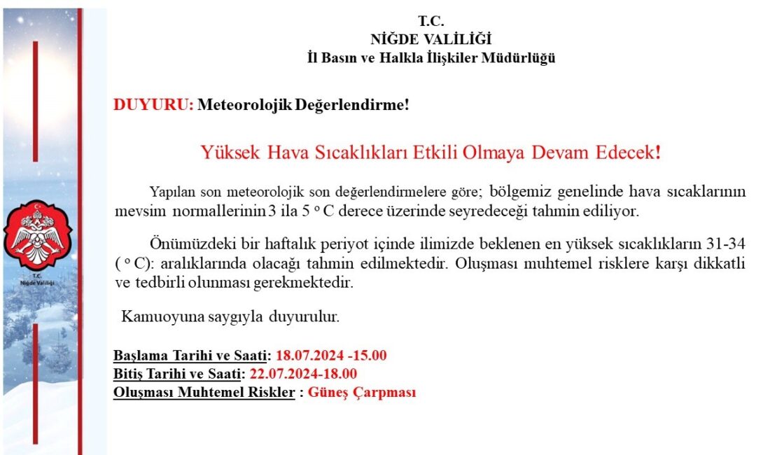 NİĞDE VALİLİĞİ, YÜKSEK HAVA