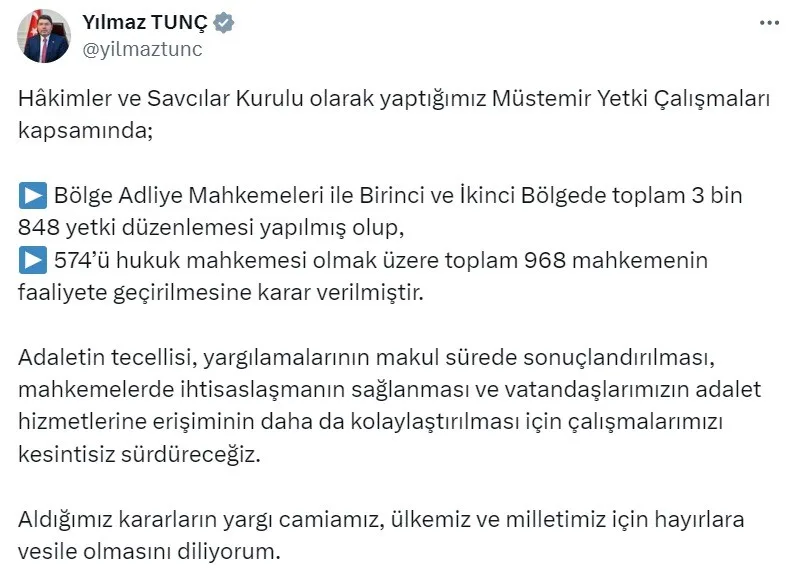 ADALET BAKANI YILMAZ TUNÇ, SOSYAL MEDYA HESABI X ÜZERİNDEN AÇIKLAMA