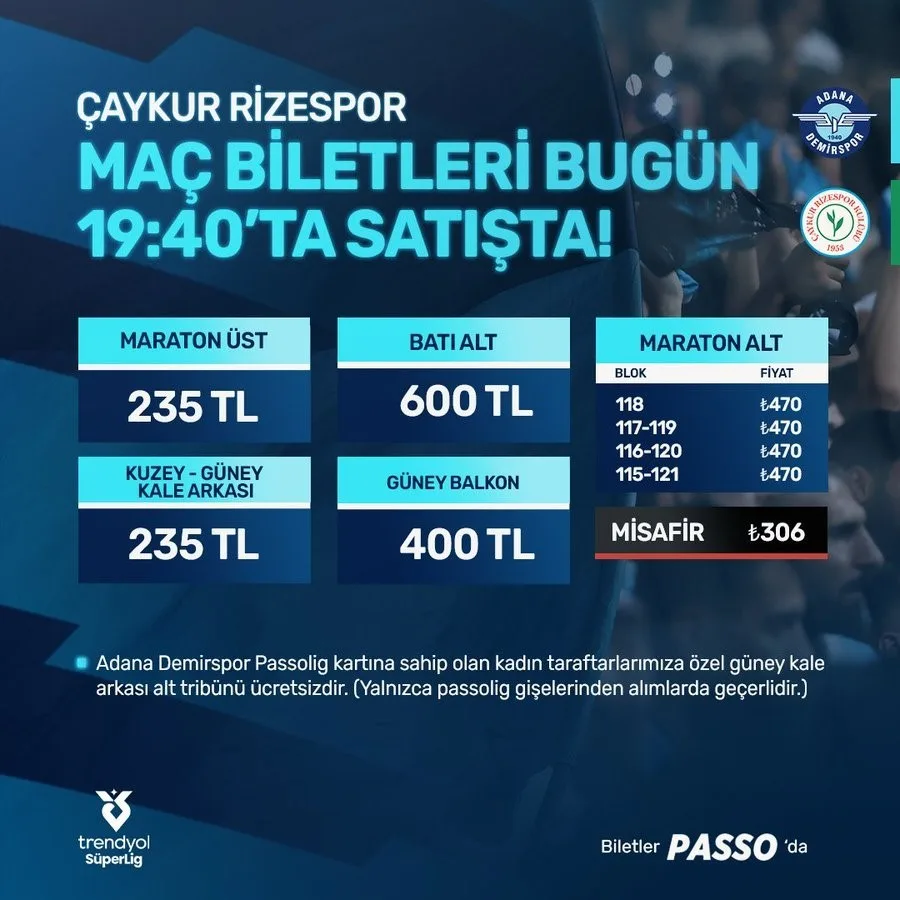 Adana Demirspor – Çaykur Rizespor  maçının biletleri satışa çıktı