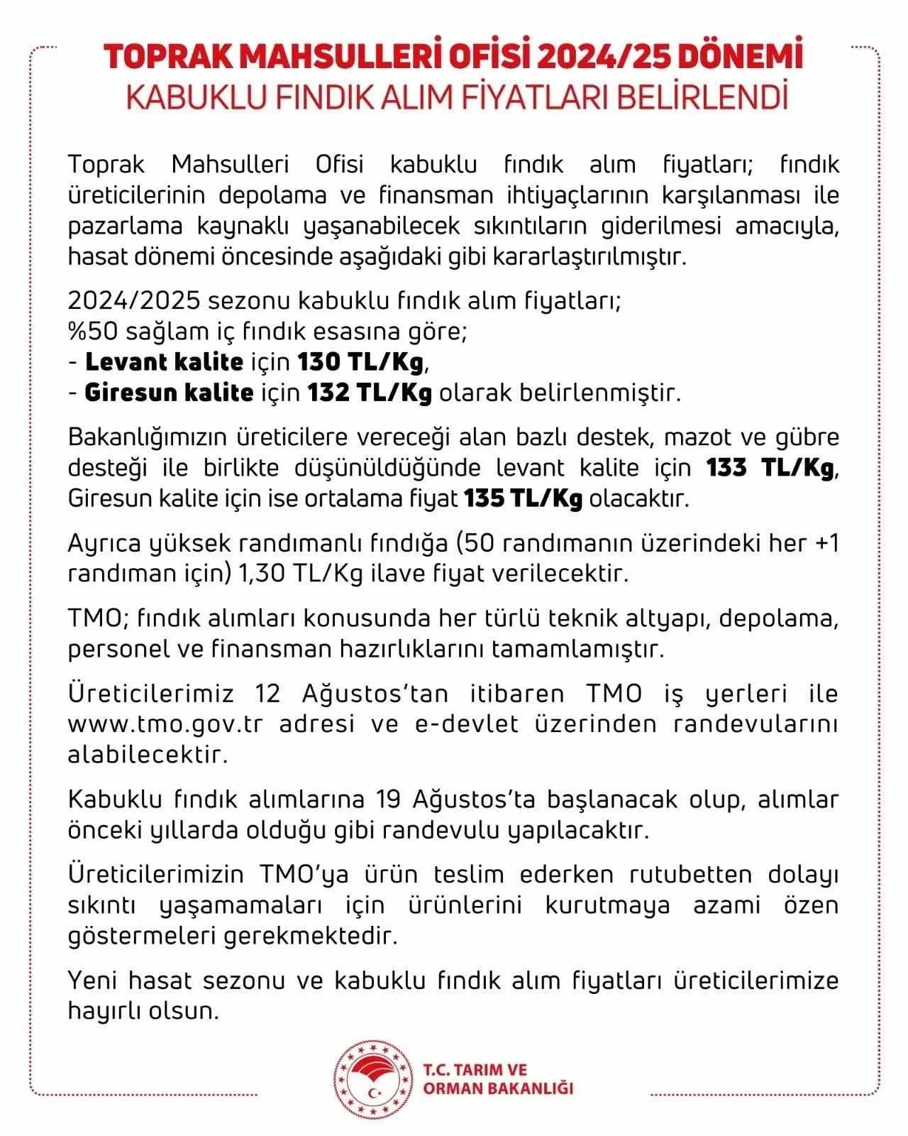 TOPRAK MAHSULLERİ OFİSİNİN (TMO), KABUKLU FINDIK ALIM FİYATLARI BELİRLENDİ. BUNA