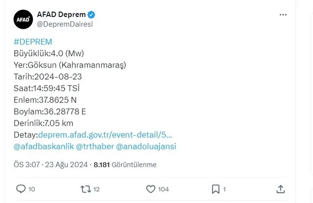 Kahramanmaraş’ta 4 büyüklüğünde deprem