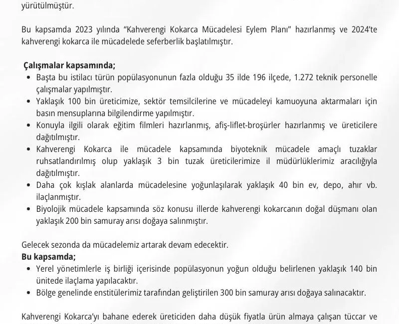 GIDA VE KONTROL GENEL MÜDÜRLÜĞÜNDEN YAPILAN AÇIKLAMADA, KAHVERENGİ KOKARCA İLE