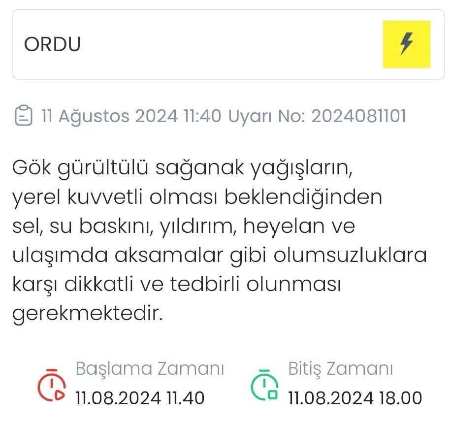 Meteoroloji’den Ordu için sarı uyarı