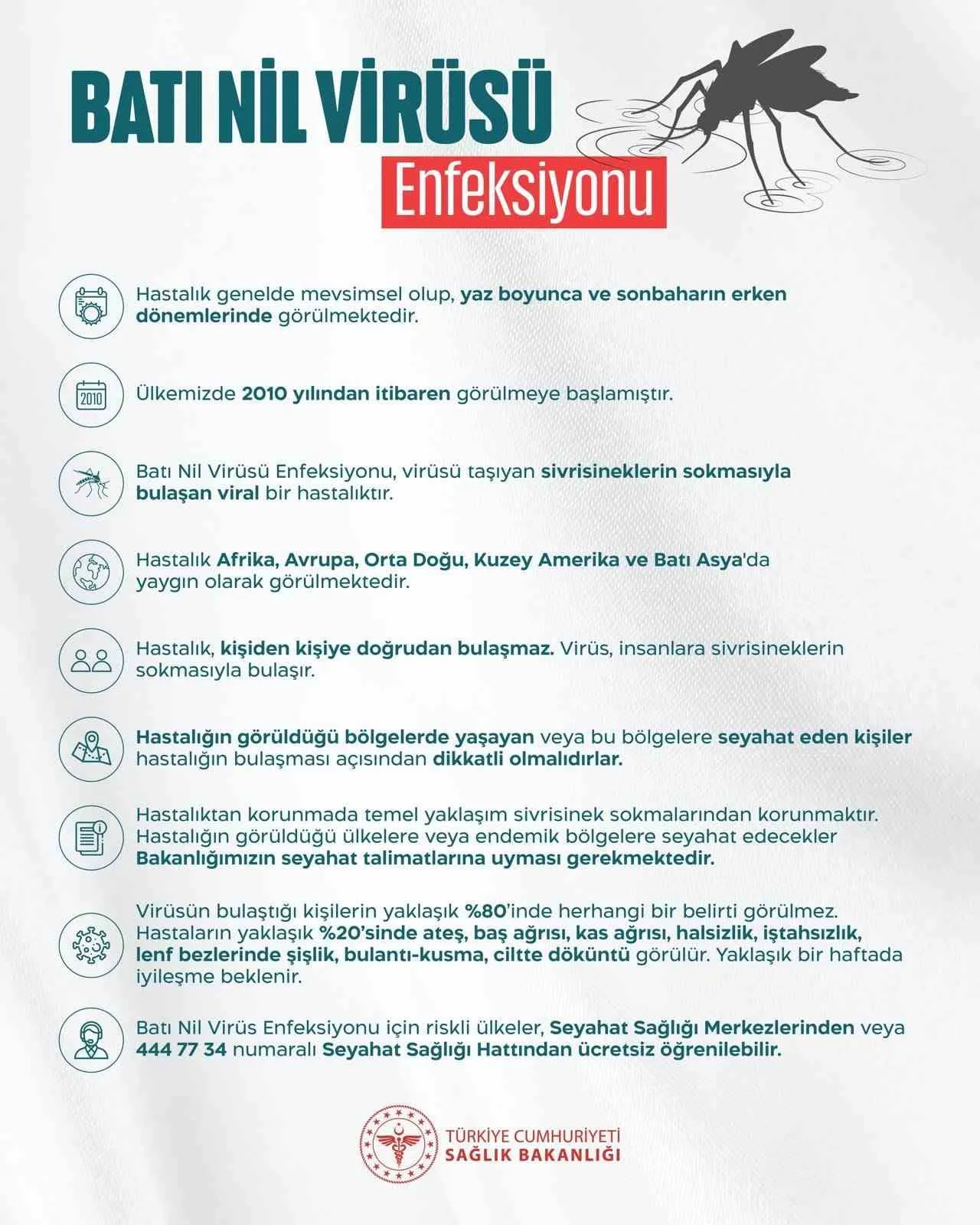 SAĞLIK BAKANLIĞI, BATI NİL VİRÜSÜ ENFEKSİYONU'NUN VİRÜSÜ TAŞIYAN SİVRİSİNEKLERİN SOKMASIYLA