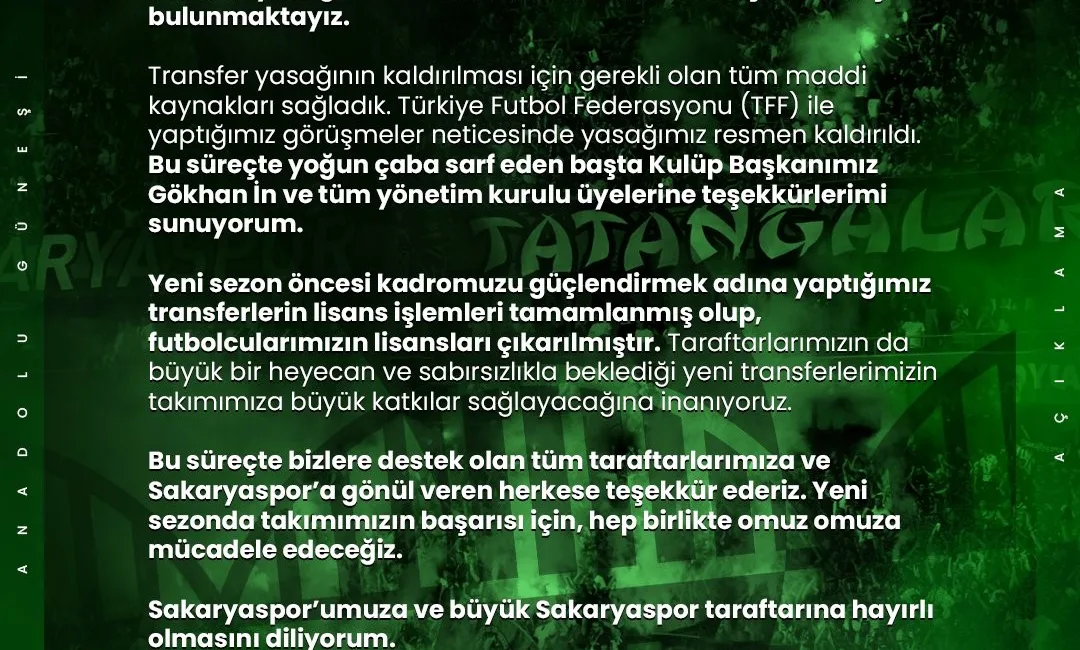 TRANSFER YASAĞINDA OLAN SAKARYASPOR,