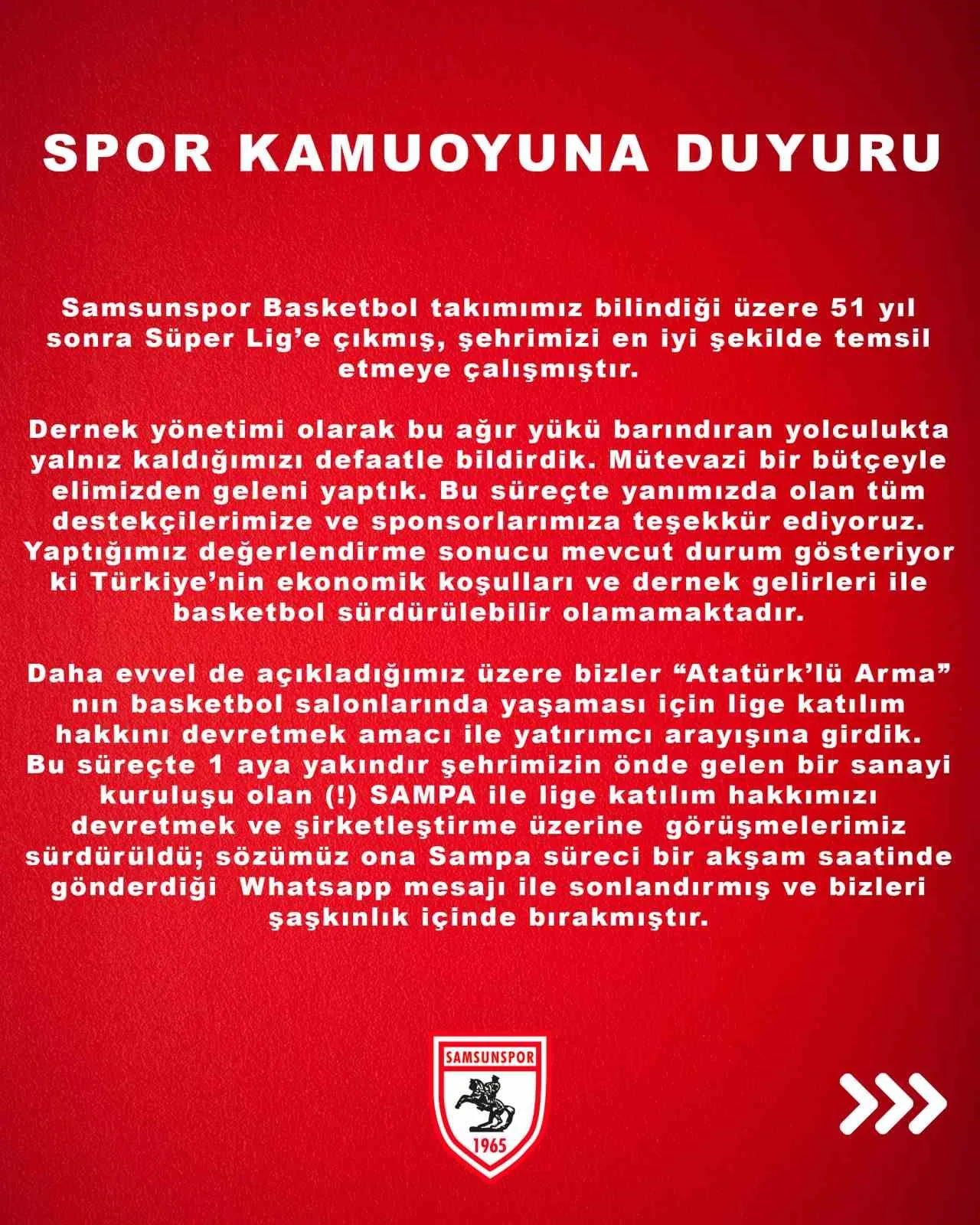 Samsunspor’dan SAMPA’ya tepki: “Bizleri şaşkınlık içinde bıraktı”