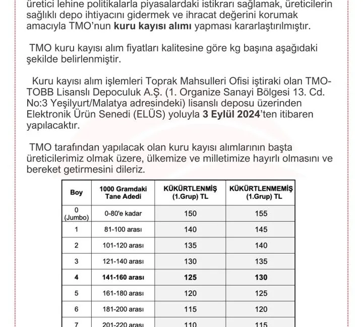 TARIM VE ORMAN BAKANLIĞI, TOPRAK MAHSULLERİ OFİSİNİN (TMO), 3 EYLÜL’DEN