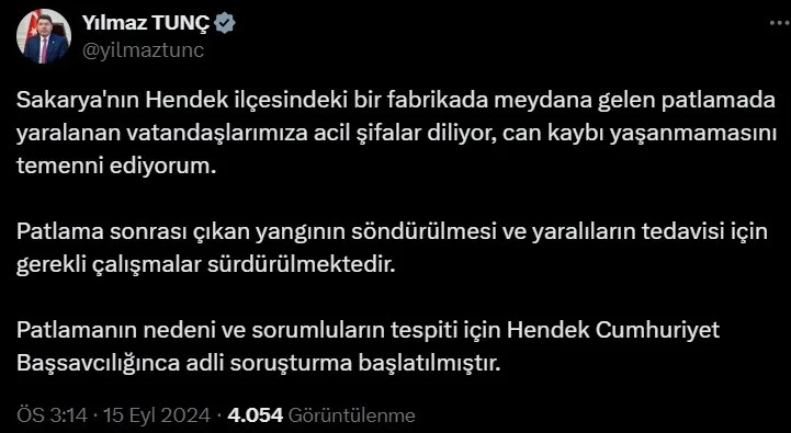 Adalet Bakanı Tunç: “Patlamanın sebebi ve sorumluların tespiti için adli soruşturma başlatılmıştır”