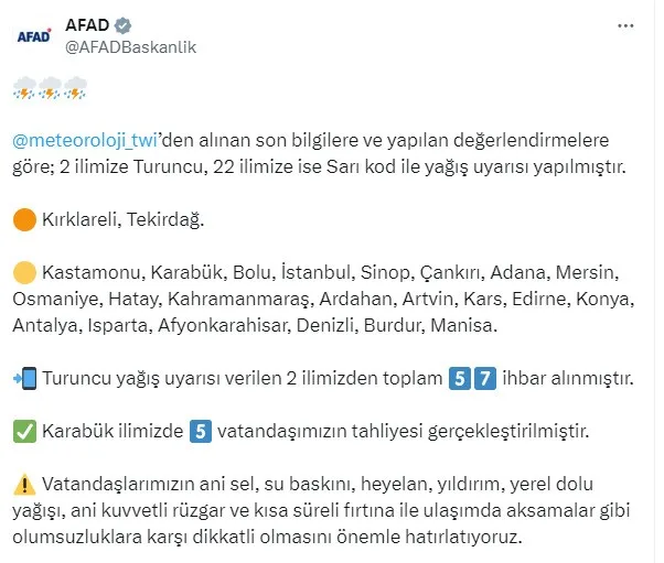 AFET VE ACİL DURUM YÖNETİMİ BAŞKANLIĞI'NDAN (AFAD) YAPILAN AÇIKLAMADA, "METEOROLOJİ’DEN