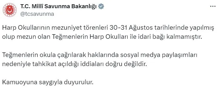 MİLLİ SAVUNMA BAKANLIĞI (MSB), HARP OKULLARININ MEZUNİYET TÖRENLERİ SONRASI ORTAYA