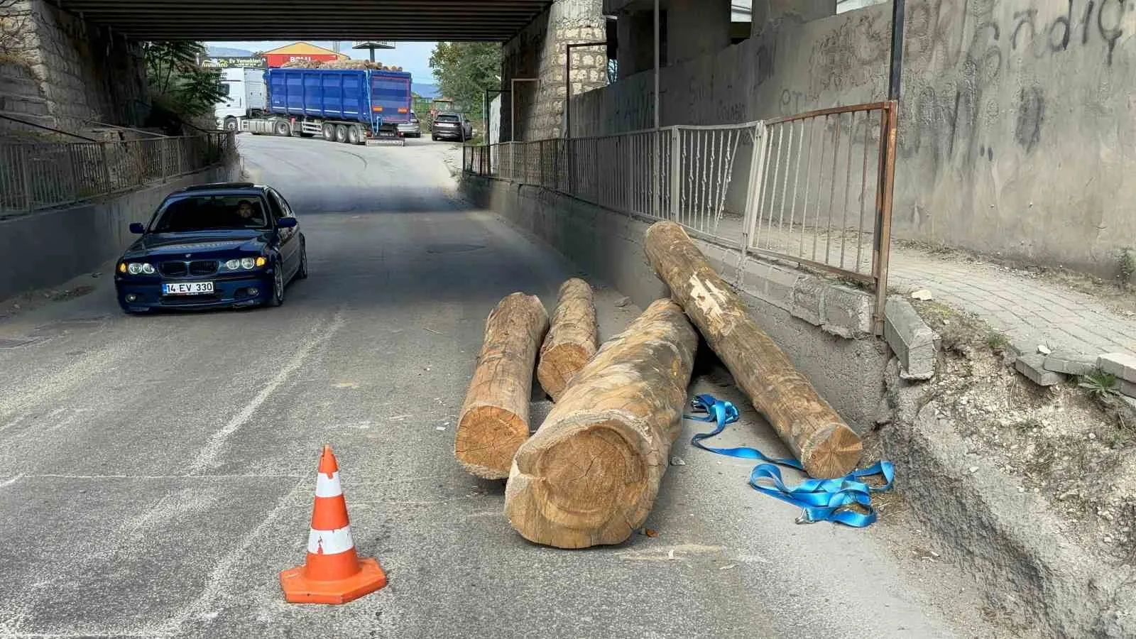 Tır alt geçitten geçerken tomrukları yola düşürdü