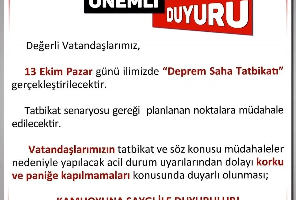 UŞAK VALİLİĞİ, 13 EKİM PAZAR GÜNÜ YAPILACAK OLAN DEPREM TATBİKATINA