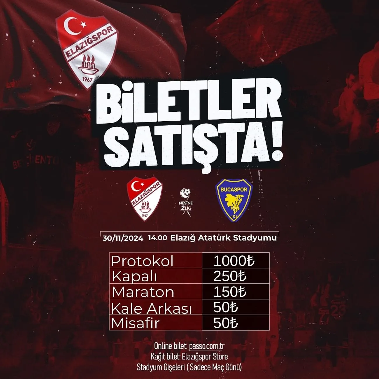 Elazığspor – Bucaspor 1928 maçı biletleri satışta