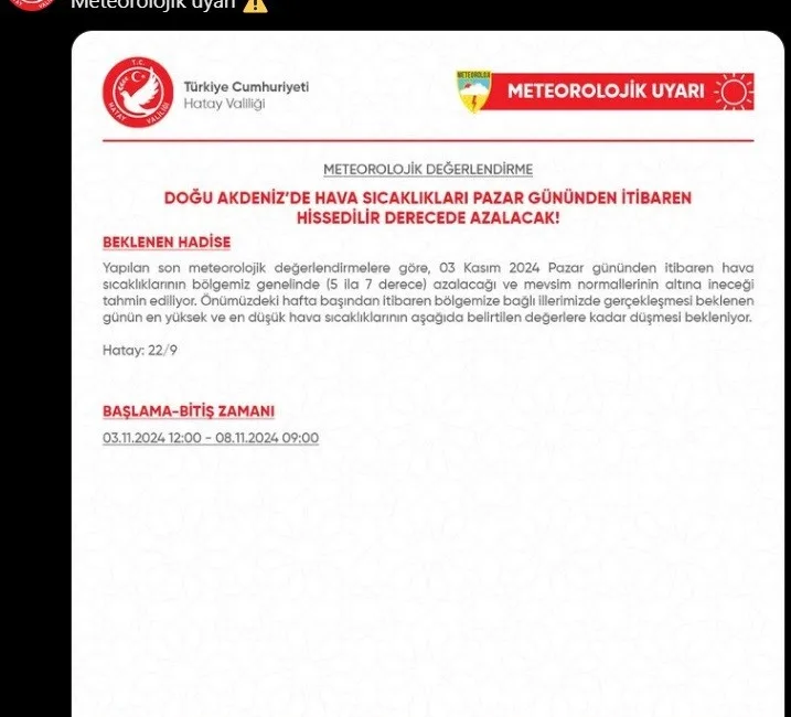 HATAY VALİLİĞİ, METEOROLOJİ VERİLERİNE