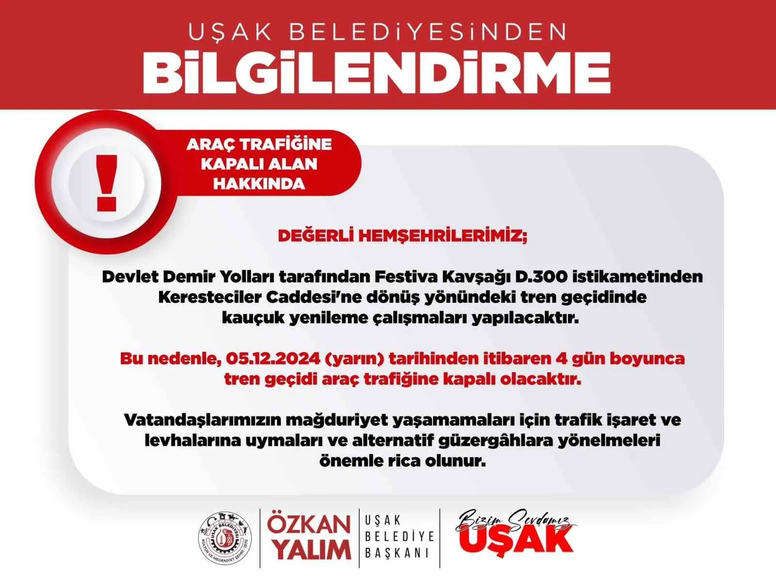 UŞAK BELEDİYESİ SOSYAL MEDYALARINDAN YAPILAN PAYLAŞIMA GÖRE DEVLET DEMİR YOLLARI