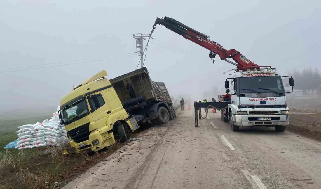 Afyonkarahisar’da gübre yüklü tırın şarampole devrilmesi sonucu meydana gelen kazada