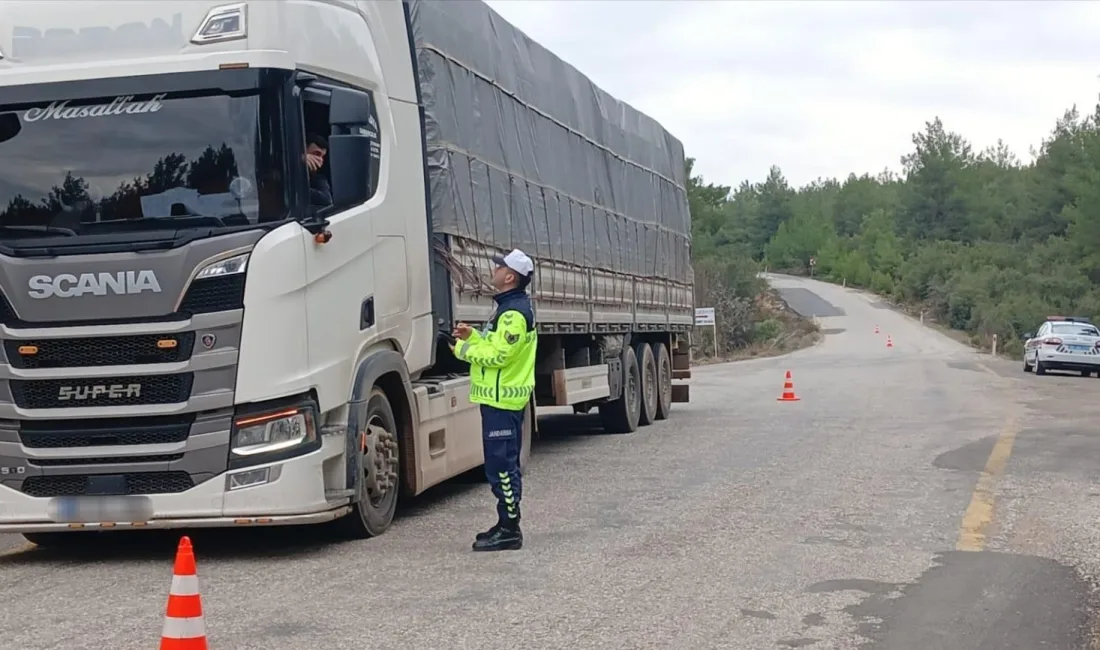 Aydın’ın Karacasu ilçesinde ağır tonajlı araçlar jandarma ekipleri tarafından denetlenirken,